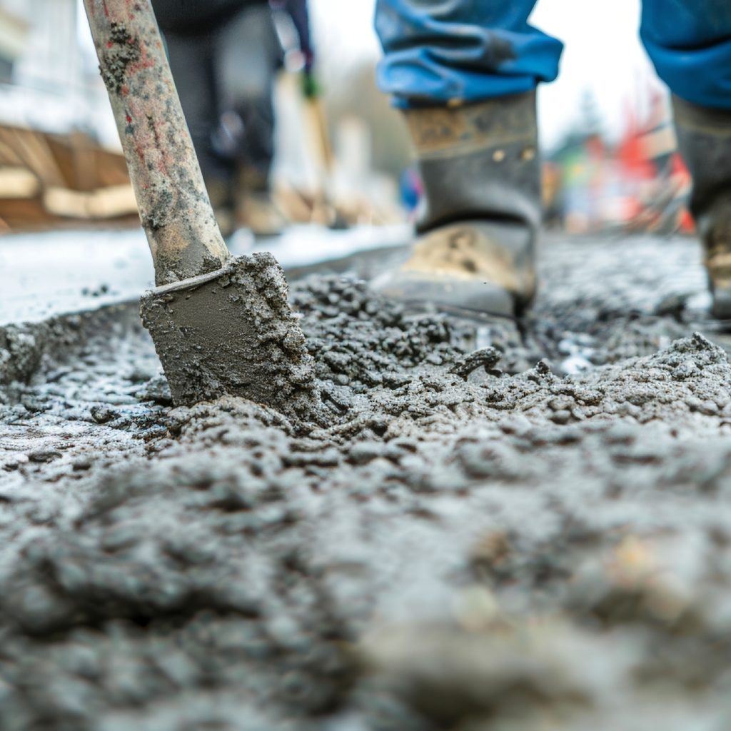 Freshly poured concrete being levelled with a shovel, with a worker’s boots visible in the frame.