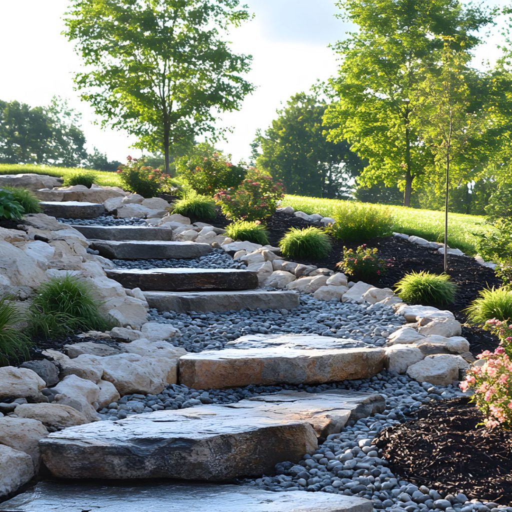 A beautifully designed garden pathway featuring a variety of stone and natural materials, creating a functional and visually appealing outdoor space.