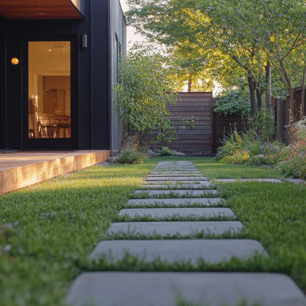 A lush, manicured lawn with sleek concrete pavers, complementing a modern home and outdoor deck.