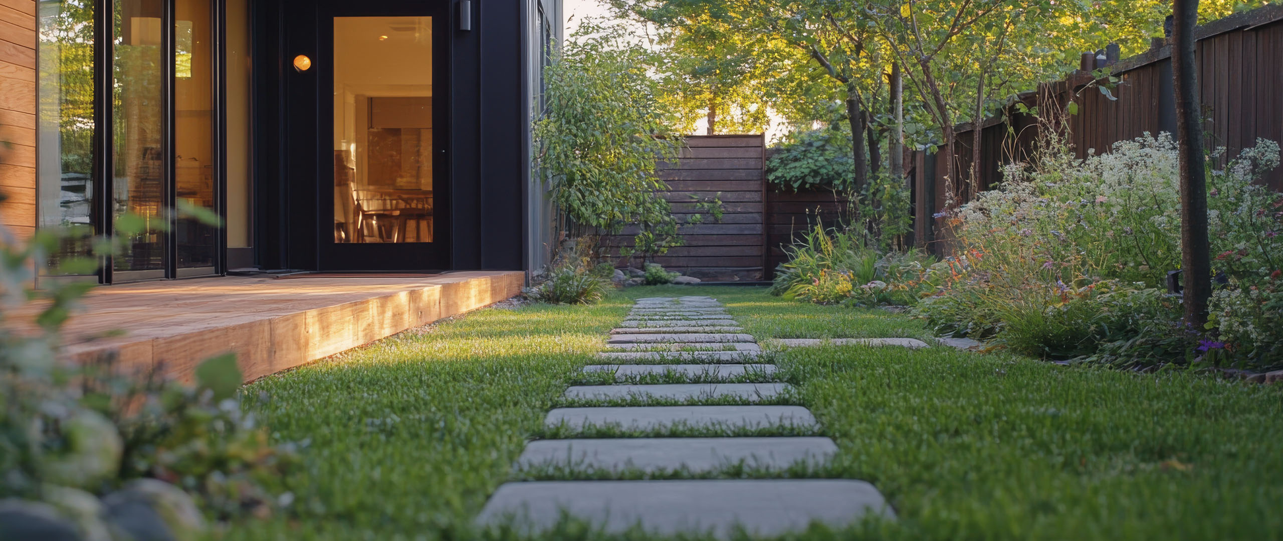 A beautifully designed garden pathway featuring a variety of stone and natural materials, creating a functional and visually appealing outdoor space.