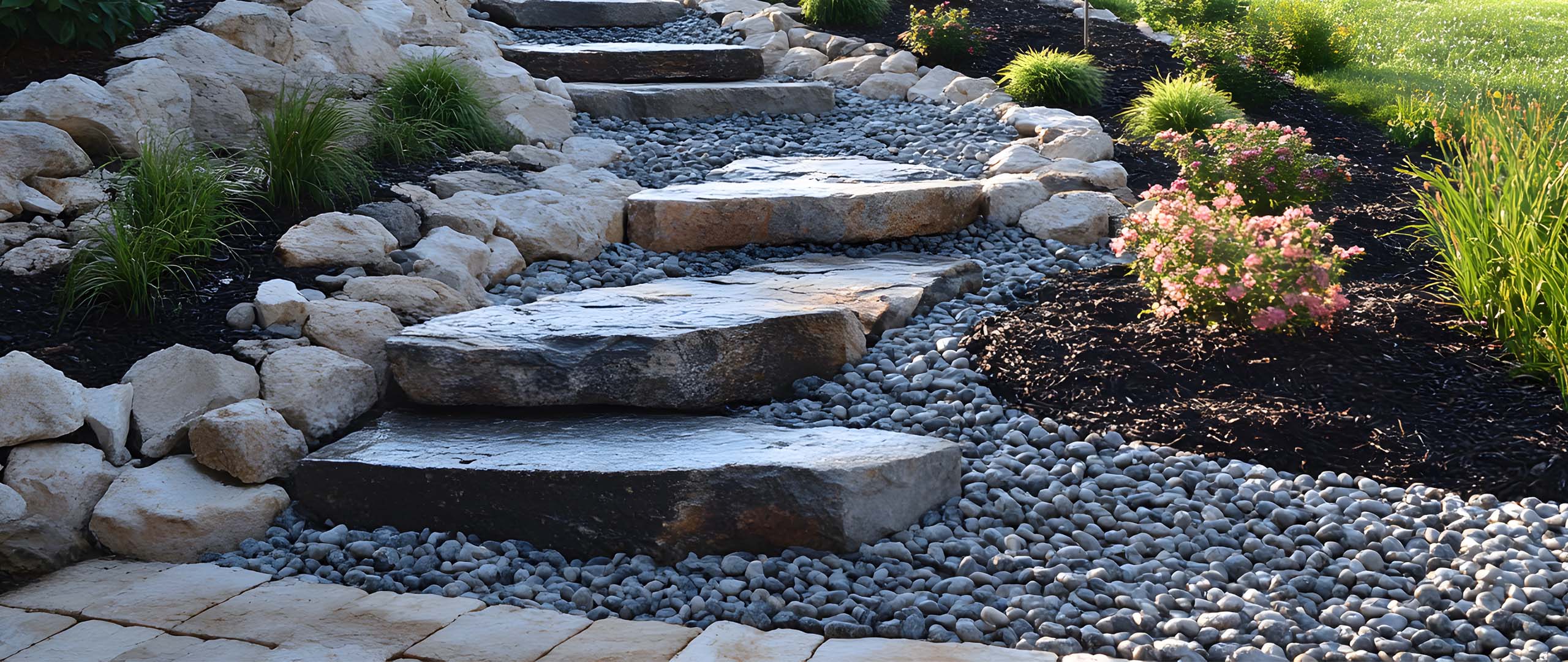 A beautifully designed garden pathway featuring a variety of stone and natural materials, creating a functional and visually appealing outdoor space.