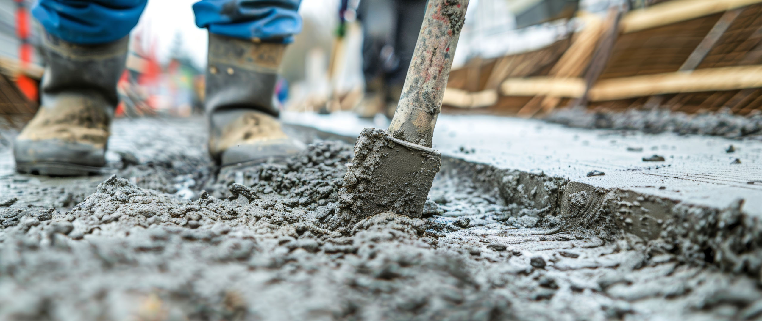 Freshly poured concrete being levelled with a shovel, with a worker’s boots visible in the frame.