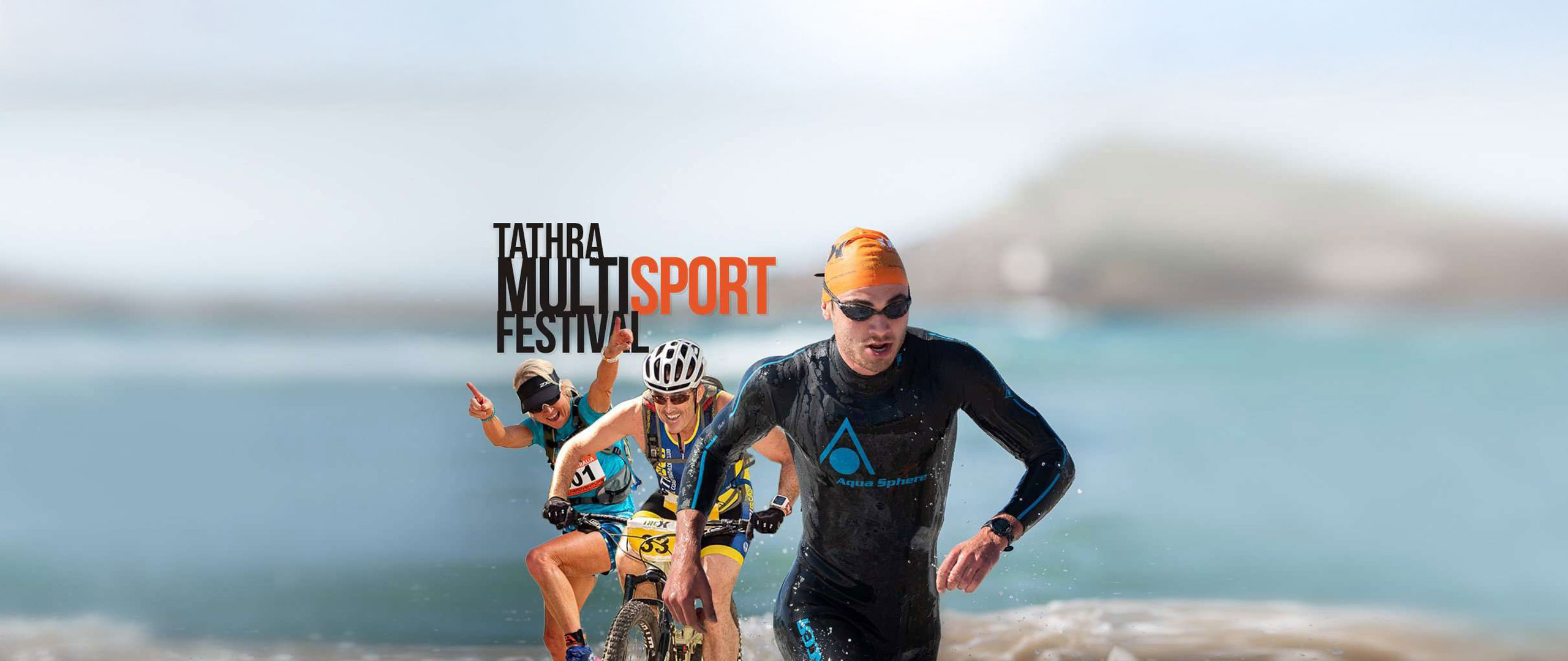 A promotional image for the Tathra MultiSport Festival featuring a runner, a cyclist, and a swimmer emerging from the water, set against a picturesque beach backdrop.